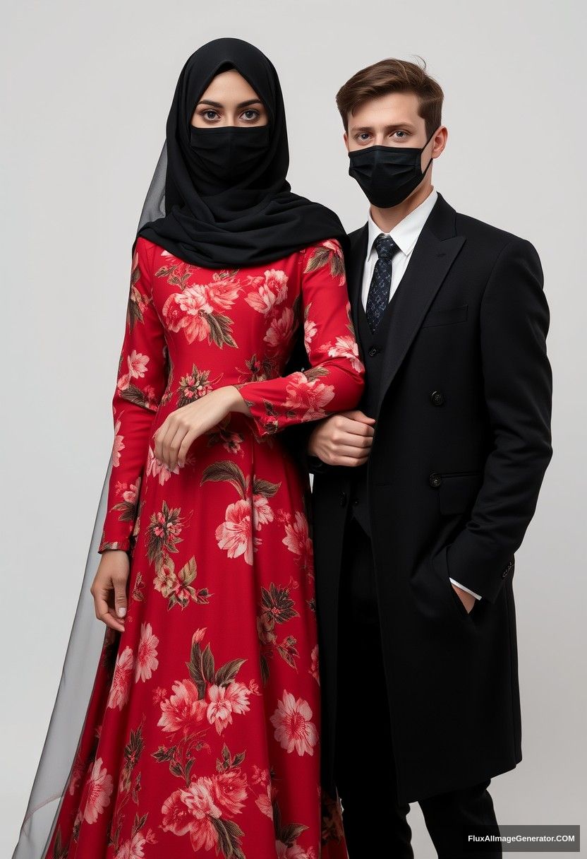 A biggest black hijab girl, beautiful eyes, face mask black, biggest red floral longest gown dress, untall, standing near him, love holding his arm,

Jamie Dornan body and face shot, handsome, youngest, face mask black, black coat suit, white shirt, black pattern tie, tall man, love standing near her,

Hyper realistic, studio photography, photorealistic.