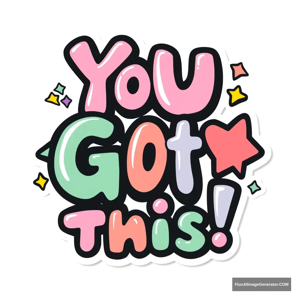 A vibrant cartoon-style sticker design featuring the encouraging phrase 'You Got This!' in bold letters, surrounded by colorful stars and hearts. - Image