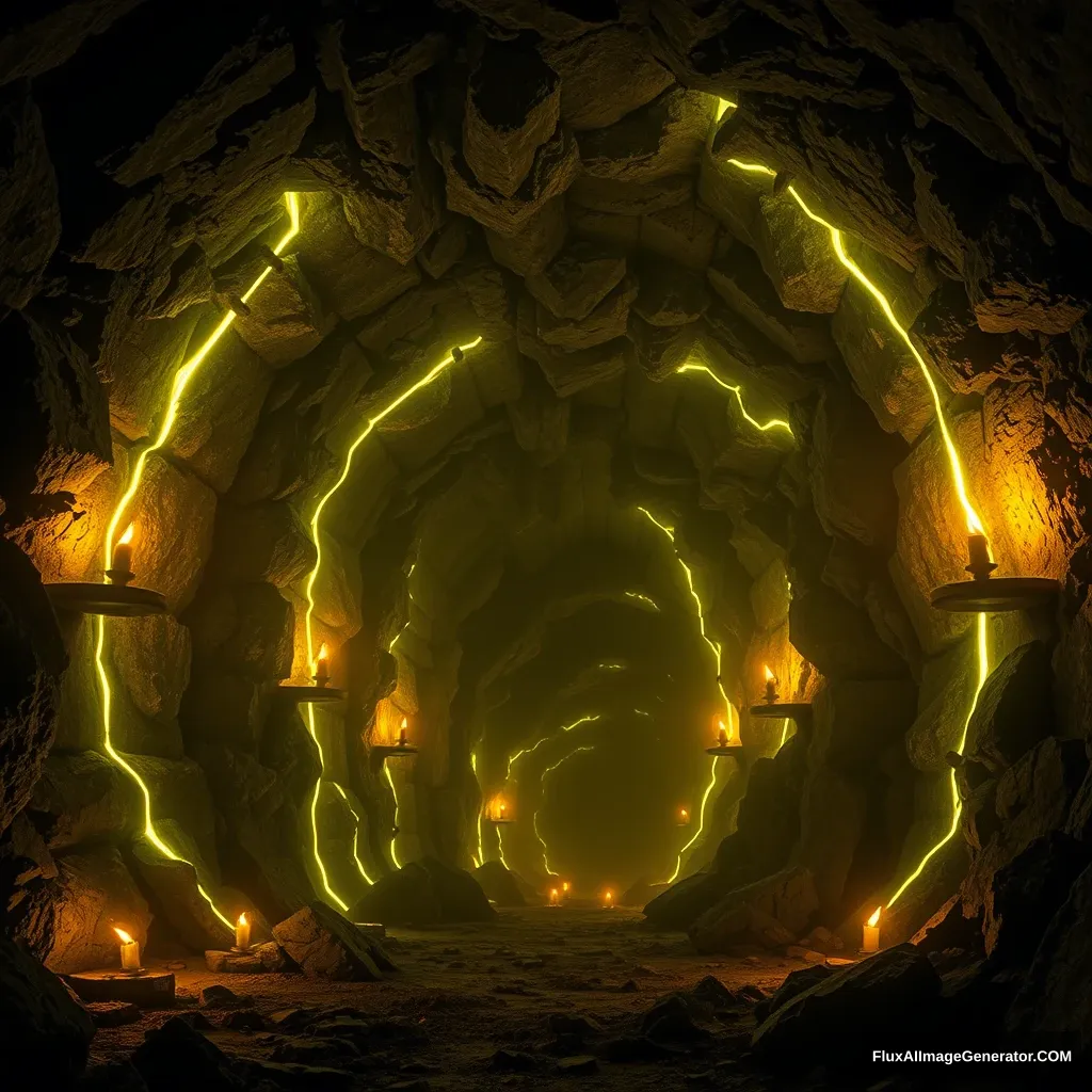 Giant stone aperture covered in glowing runes lit in the half light of mining lamps, ominous and imposing, inside a mine.