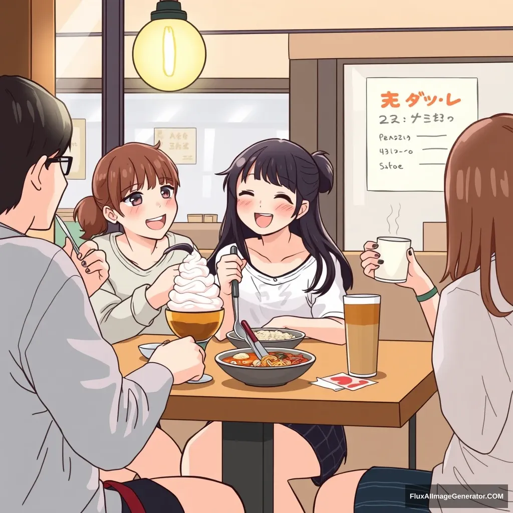 "Draw a scene of a Japanese female student happily having a party with her friends at Breakpoint cafe while enjoying bingsu, Japanese ramen, and coffee."