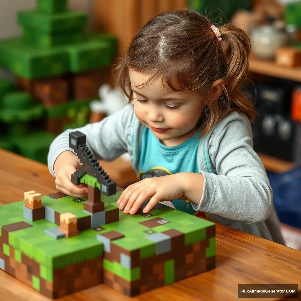 A little girl is playing Minecraft.