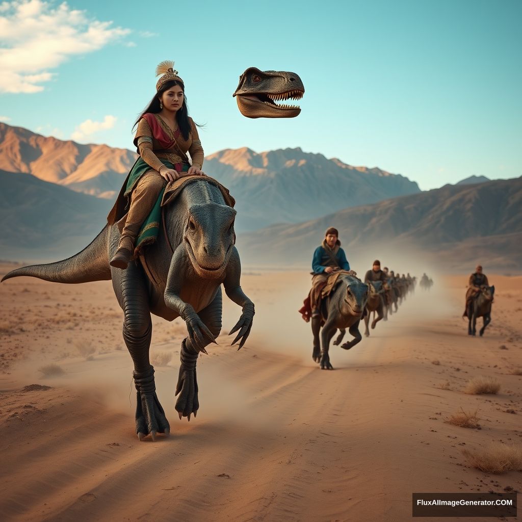 Ancient Mongolian caravan of Velociraptors walking through the Mongolian Gobi Desert, ahead of the caravan is a beautiful young Mongol queen woman riding a giant Dinosaur T-rex, location Mongolia, realistic photo, 4K.