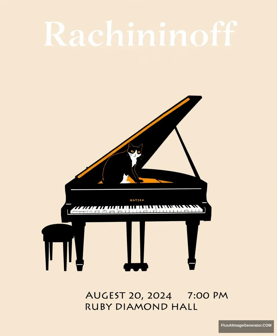 Title: "Rachmaninoff" displayed at the top center

Include the following text on the bottom of the poster:
"August 20, 2024"
"7:00 PM"
"Ruby Diamond Hall"

Visual Elements: A grand piano centered at the bottom of the poster with a cat playing piano in a Matisse style and minimal style.