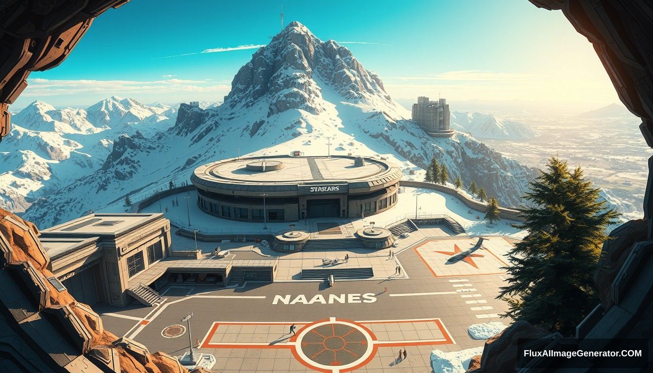 Cel shaded art, wide shot, a sci-fi center on top of a snow mountain, open air, close look, cyberpunk, military base, Star Wars style, indoor, patio, morning, sunlight, fortress, mountain, rock, snow, tarmac, parking apron, cave, tree, landing field, cliff, round shape, tower.