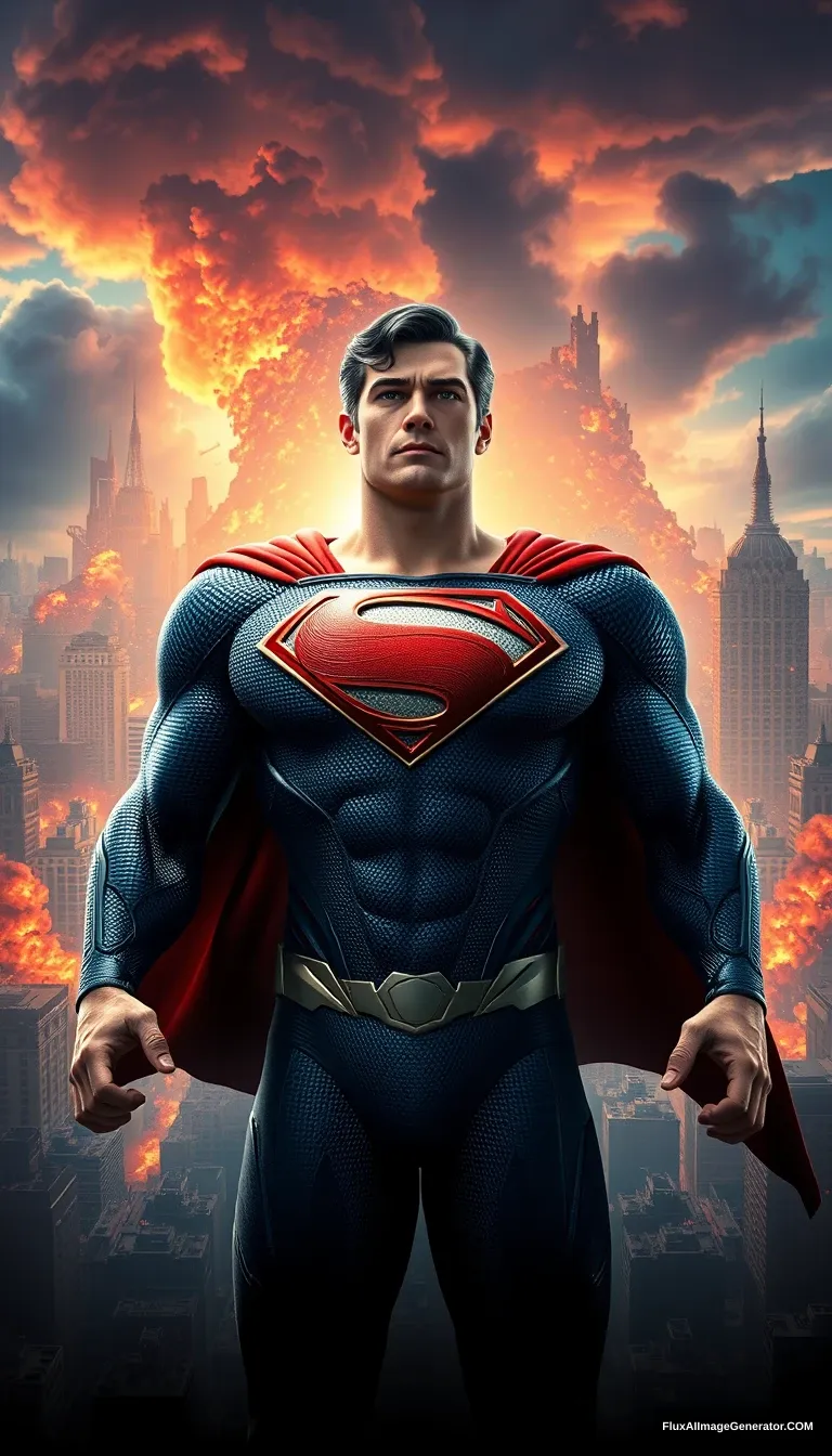 breathtaking 3D animated movie poster, Pixar style, Superman at the center, destroyed city in the background, cinematic, vibrant colors, highly detailed, 8k, hyperrealistic, dramatic lighting - Image