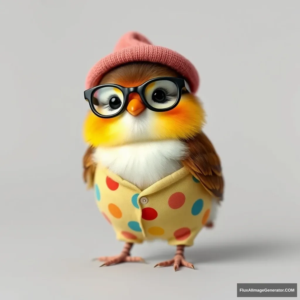 Very small, chubby, sweet Kawaii little bird with glasses, a hat, and colorful pajamas.