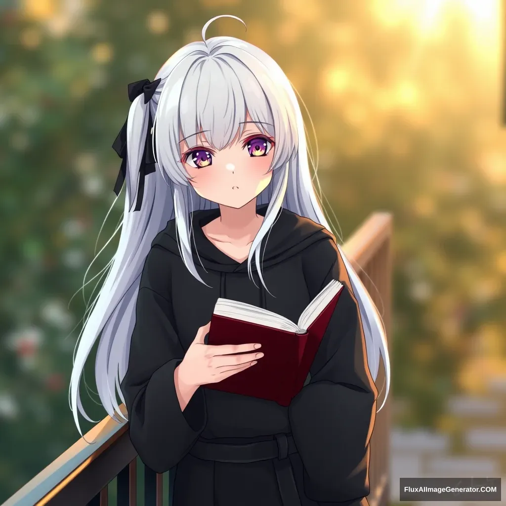 Create a beautiful white-haired girl wearing black JK clothing, holding a book, leaning against the railing.