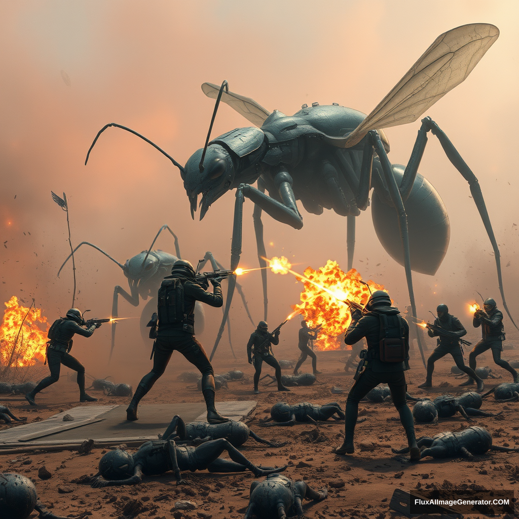 Hyperrealistic. Alienpunk, Sci-fipunk. The capture of an alien base by cyborg ants. The hard battle between humans and huge cyborg ants. Humans shoot huge cyborg ants. Lasers, explosions. Dead humans on the battlefield. WLOP, Greg Rutkowski. - Image