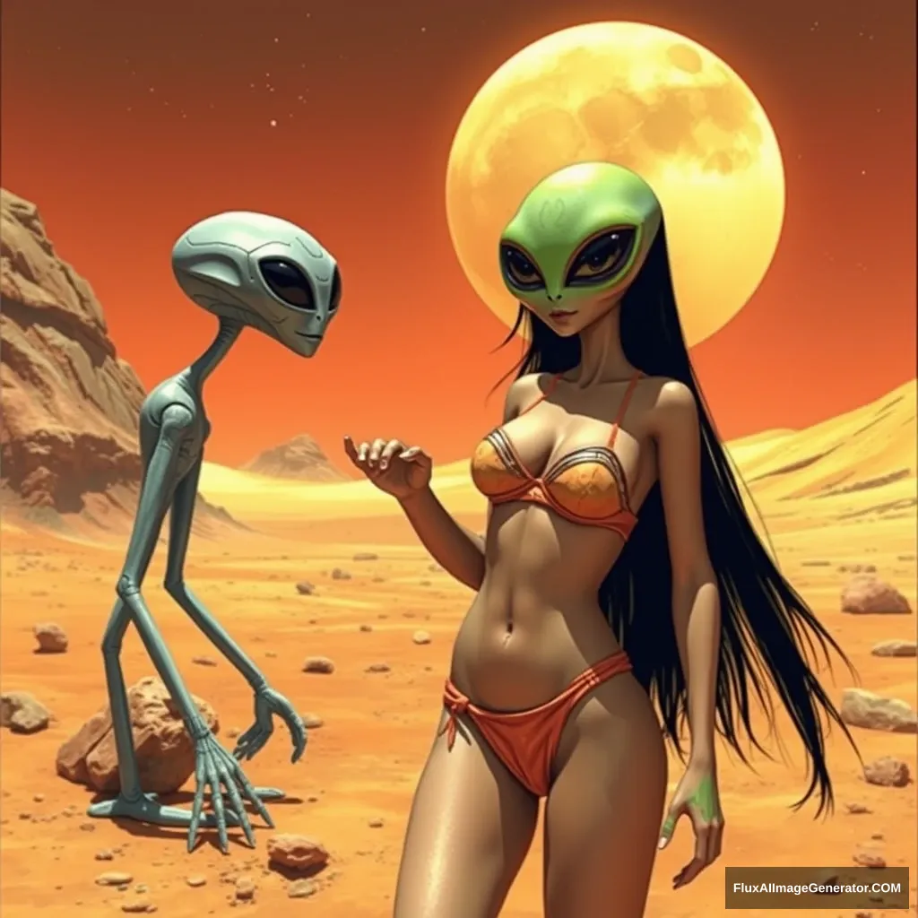 A bikini Asian girl on Mars, talking with an alien.