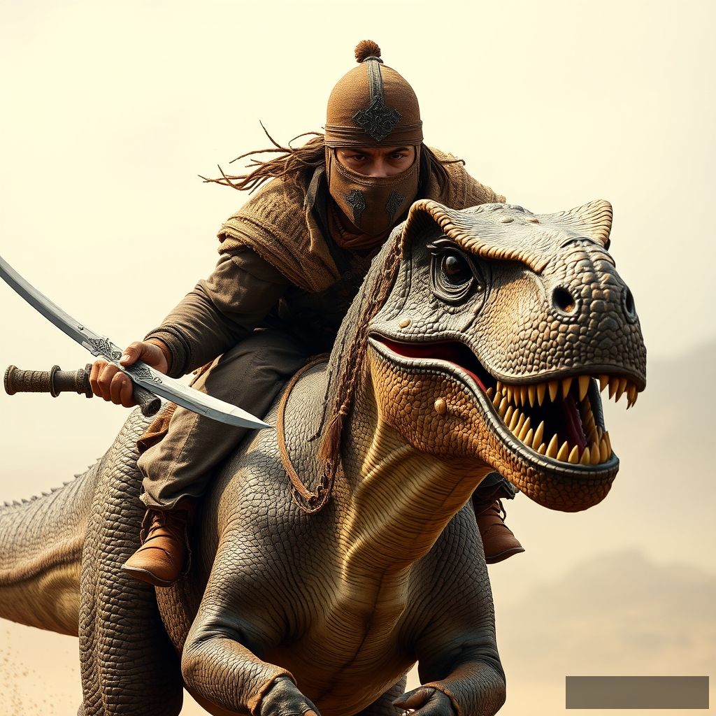 Close-up shot of an ancient Mongolian warrior's face, covered with a leather mask, riding towards the viewer on the back of a running T-rex dinosaur at full gallop, holding a Mongolian sword in each hand.