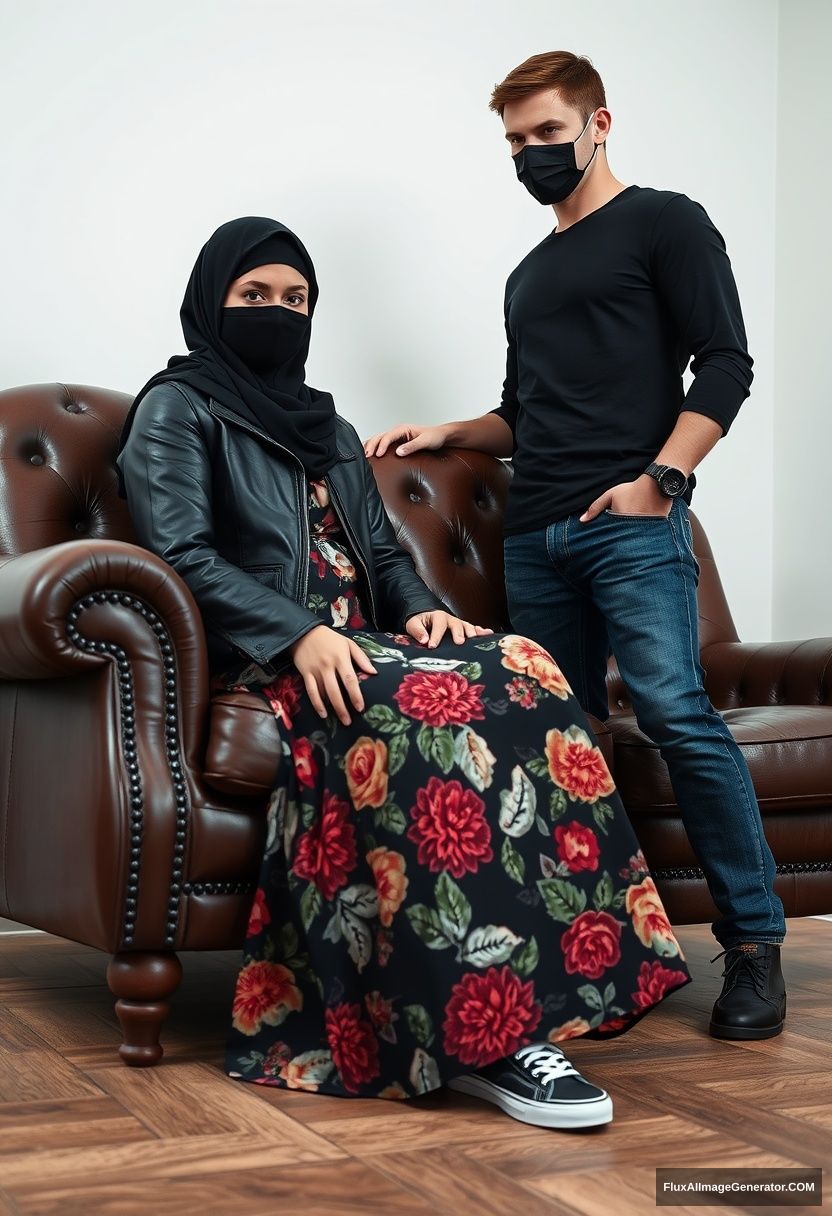 A black hijab burqa girl, short girl, beautiful eyes, black leather jacket, biggest floral long dress, black leather sneakers, sitting on a leather single-wing sofa, Jamie Dornan, black shirt, jeans, black leather sneakers, tall man, face mask black, fit body, standing near her, hyper realistic, studio photography. - Image