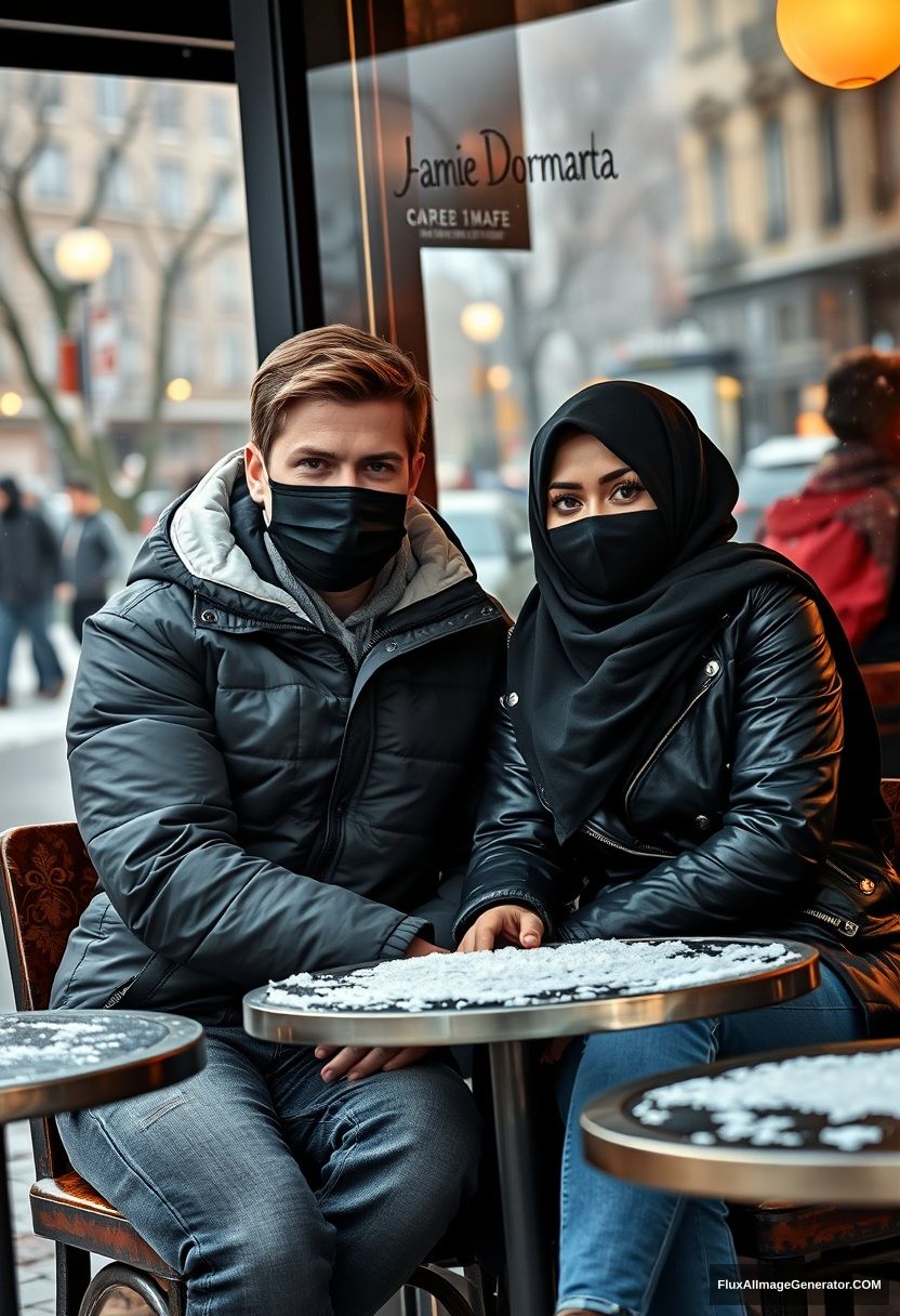 Jamie Dornan, handsome, young, wearing a black face mask, a snow jacket, and jeans, is dating a beautiful Muslim girl in a black hijab with beautiful eyes. She is wearing a black face mask and a black leather jacket. They are sitting at a café near a glass window in a town with a gloomy, photorealistic winter scenery, captured in street photography.