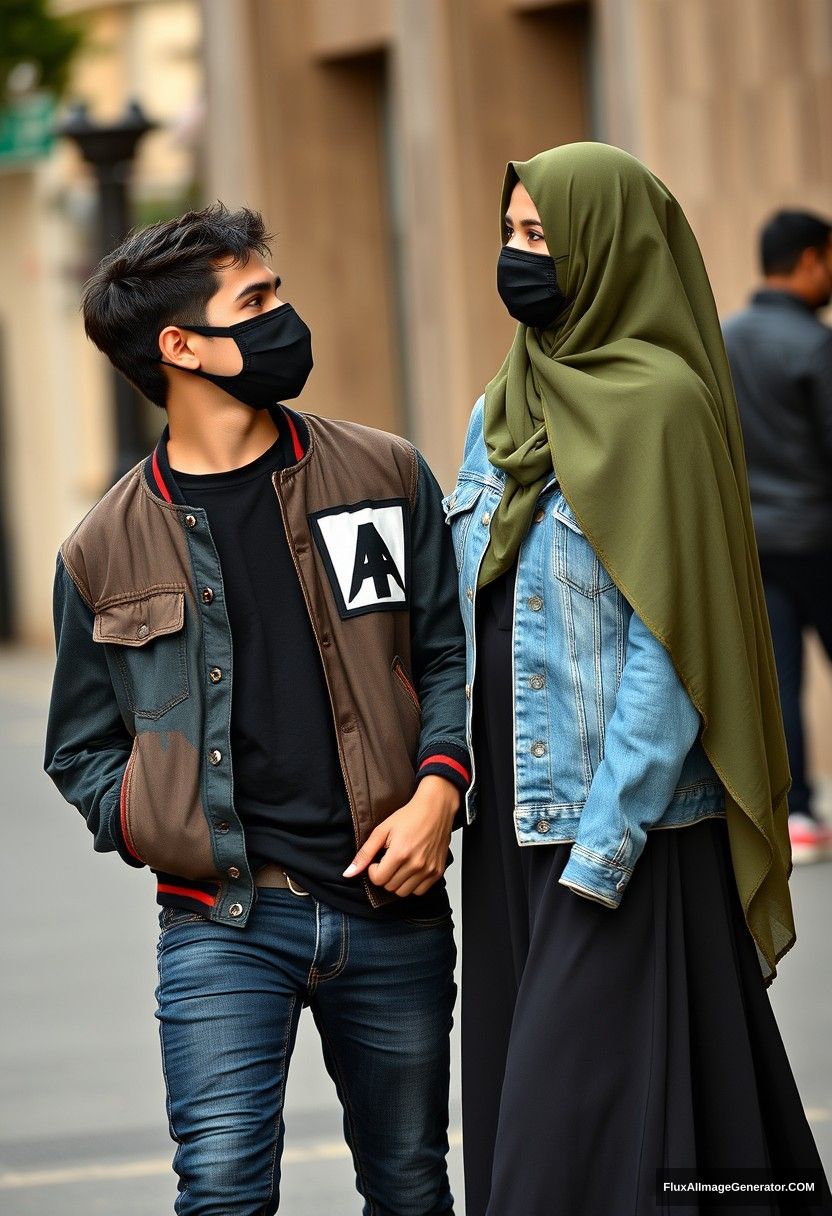 Jamie Dornan, young, black face mask, black T-shirt, collage jacket with a capital A, jeans, red sneakers, dating romantically with a beautiful Muslim girl in a long army green hijab, beautiful eyes, black face mask, jeans jacket, longest skirt, not a tall girl, photorealistic, street photography, full photography. - Image