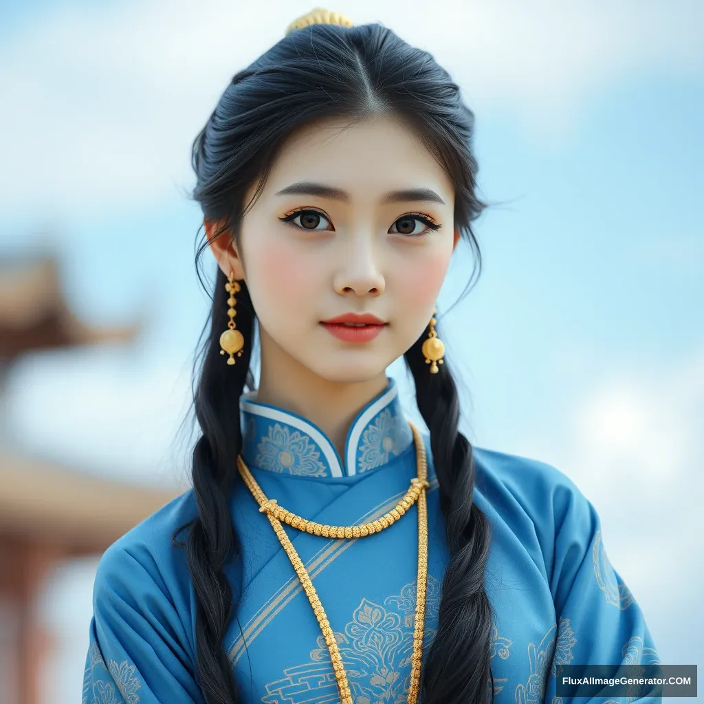 (masterpiece, high quality, best quality:1.5), photography of a beautiful girl in a blue dress, (Chinese clothes, Hanfu), black hair, mizura, looking at viewer, full body, gold jewelry, a blue sky, (perfect eyes, beautiful face and black eyes:1.3, natural skin), depth of field, (details:1.1), photorealistic, ultra realistic, 32k, RAW photo, (high detailed skin:1.2), 8k uhd, dslr, soft lighting, high quality, film grain. - Image