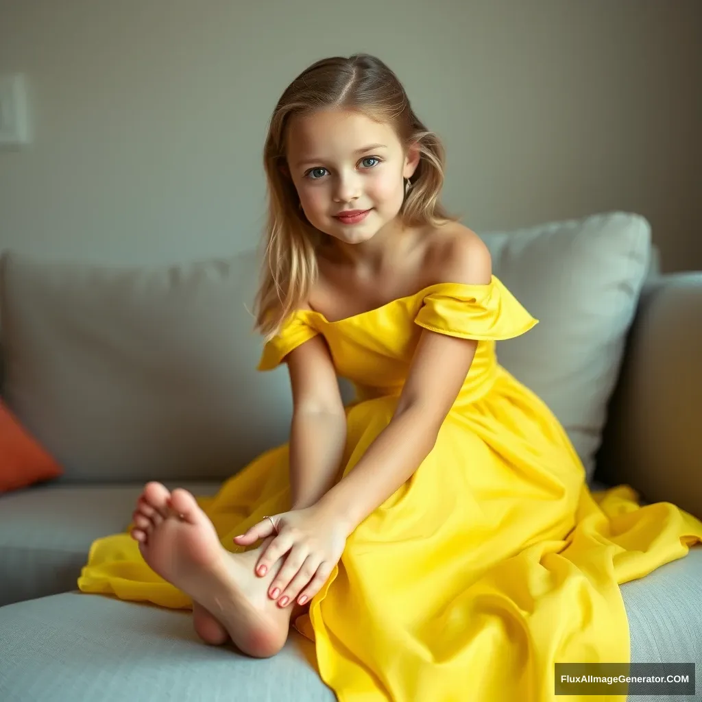 A young beautiful girl wearing an elegant yellow dress. She is not wearing shoes, as she has taken off her high heels. With red nail polish, she is sitting on the sofa in her living room.