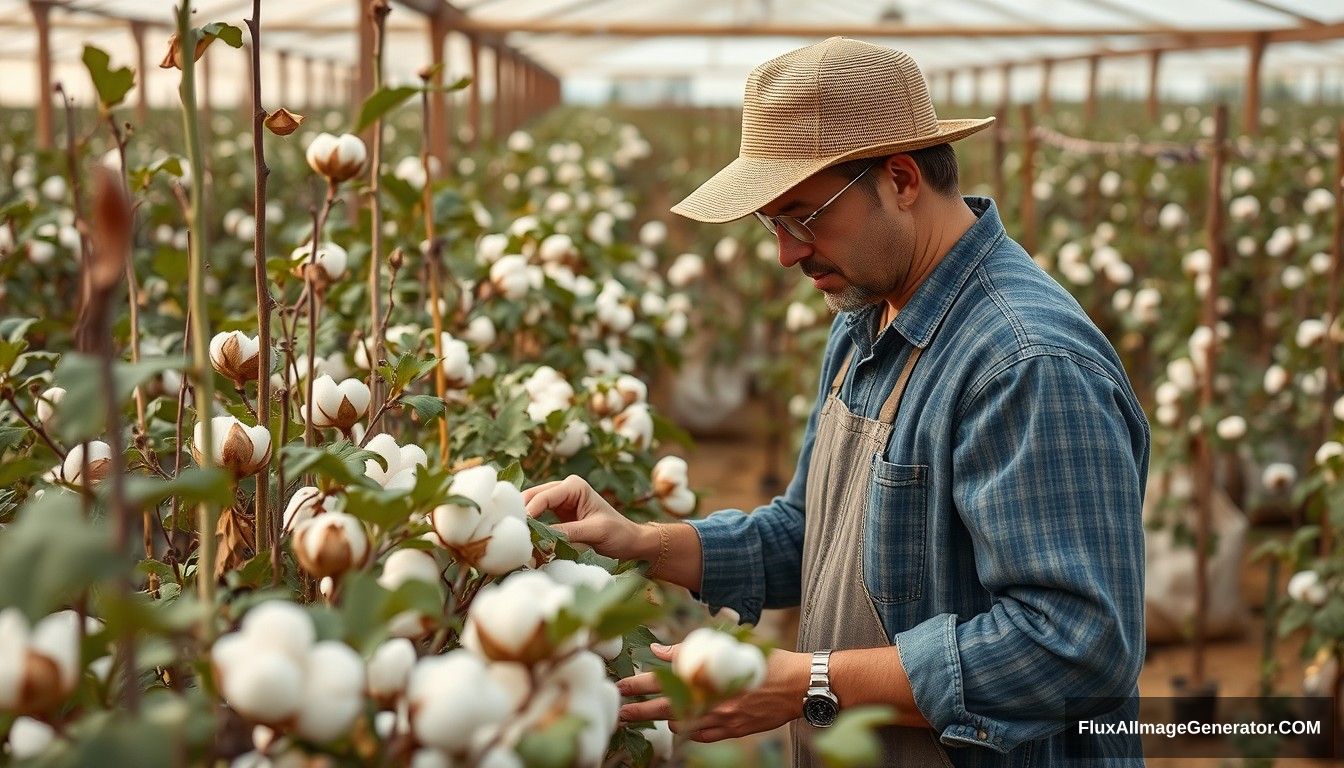 Worker inspecting organic cotton plants or recycled fabric production. - Image