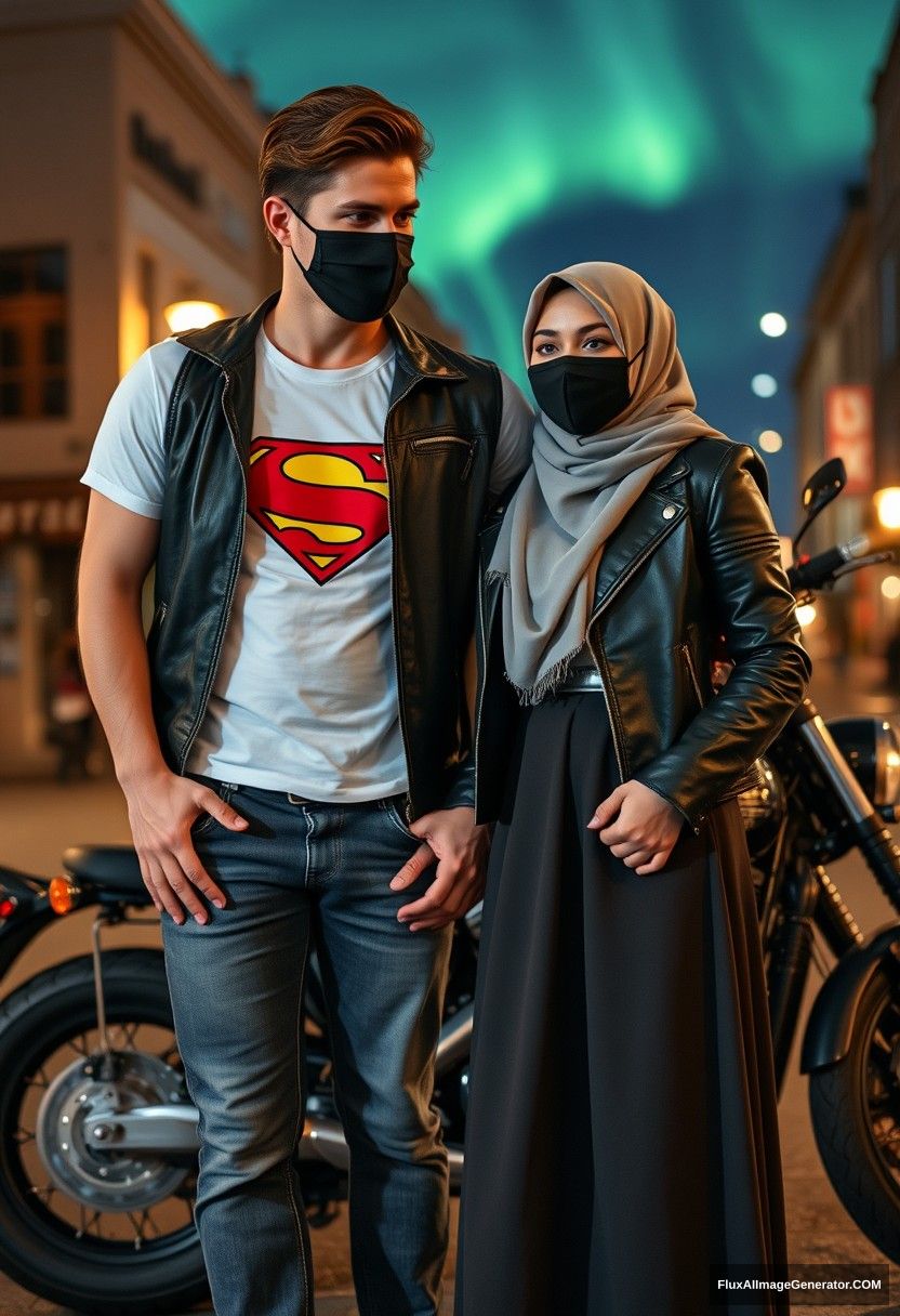 Jamie Dornan, tall, young, black face mask, white Superman T-shirt, jeans, dating romantic love with a grey hijab Muslim girl, beautiful eyes, black face mask, leather jacket, very long and big skirt, not a tall girl, standing near a Harley Davidson motorbike for photography, in town, photorealistic, street photography, night scenery, aurora borealis.