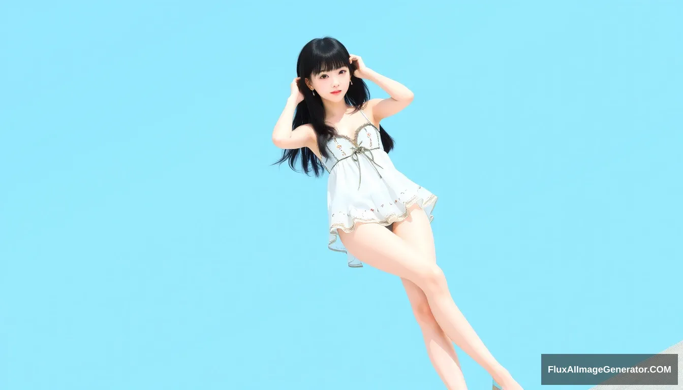 beautiful girl, summer, full body, slim leg, fair skin, black hair - Image