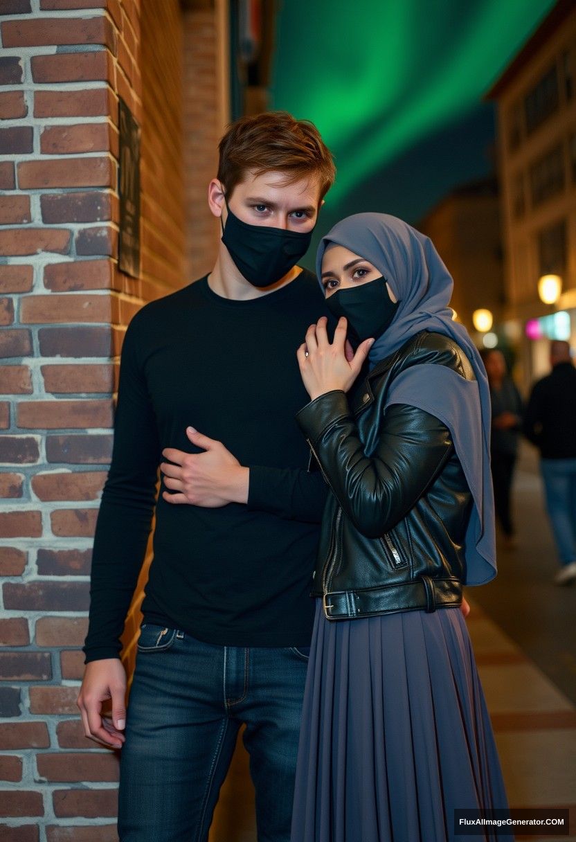 Jamie Dornan, tall, young, wearing a black face mask, a black long-sleeve playboy t-shirt, jeans, 

dating romantically with a grey hijab-wearing Muslim girl with beautiful eyes, wearing a black face mask, a leather jacket, and the longest and biggest skirt, not a tall girl,  

She’s crying, laying on his shoulder, being hugged from behind, flirting and persuading her, against a brick wall, in town, photorealistic, street photography, night scenery, aurora borealis.