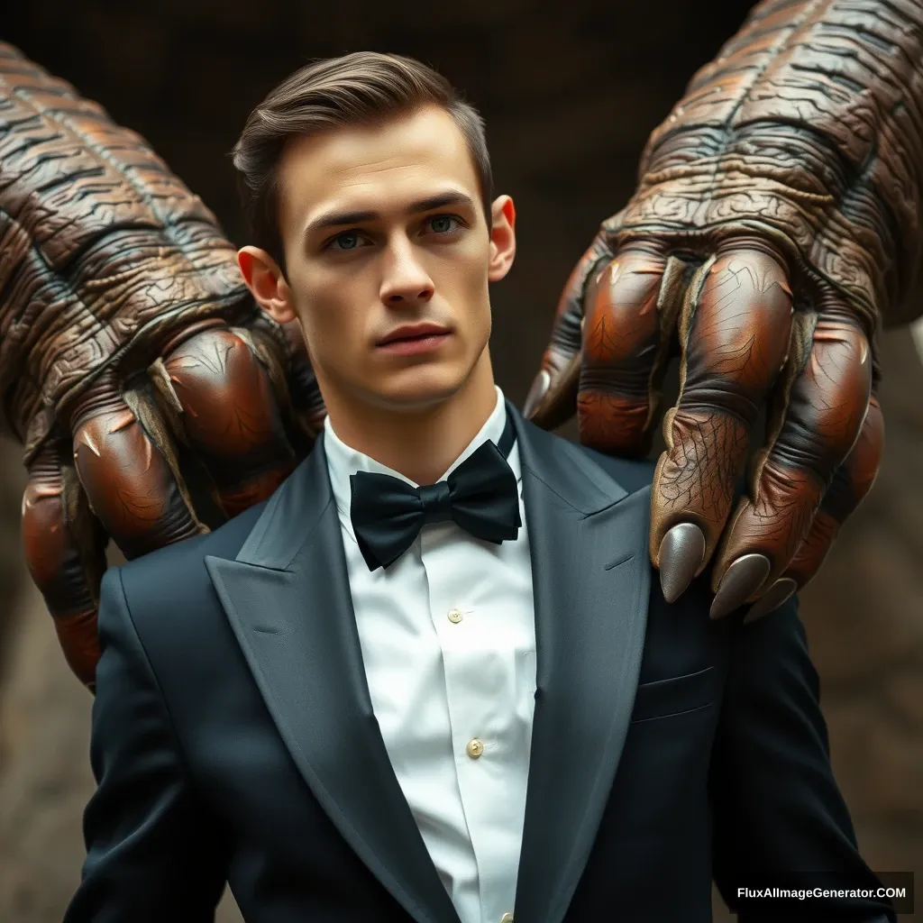 "Handsome skinny young man in a tuxedo grabbed by a giant creature. Photo."