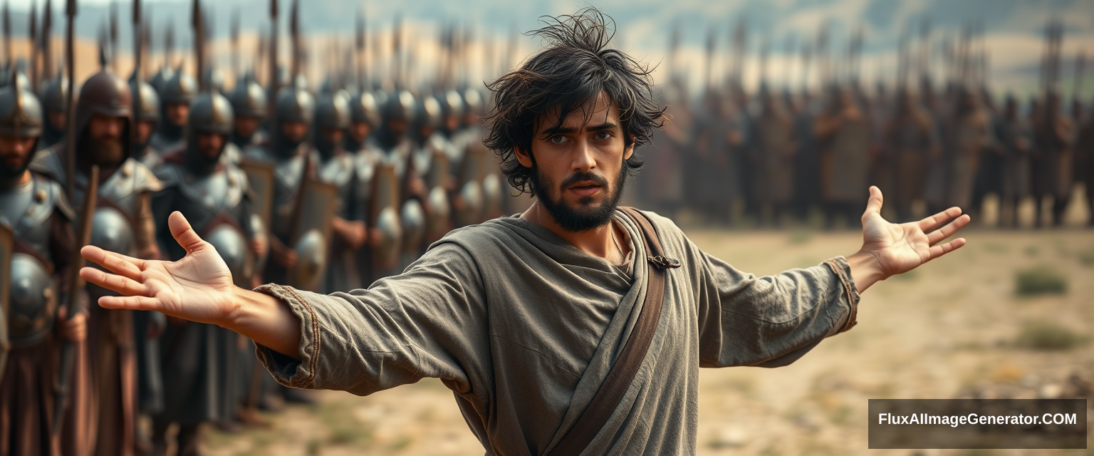 Create an image of a man on the right standing apart, and on the left a small crowd of ancient biblical era Jewish soldiers. The man on the right is a young man with his arms stretched out to the sides, looking shocked. He has dark, messy, unkempt hair and a beard, and is wearing a simple biblical-era shepherd tunic, looking sternly at the crowd. The background shows a blurred crowd of soldiers also wearing biblical-era leather armor. Standing on the horizon, further in the background, is a blurred front of a large biblical-era army. The overall mood of the image is one of anxiety and concern. - Image