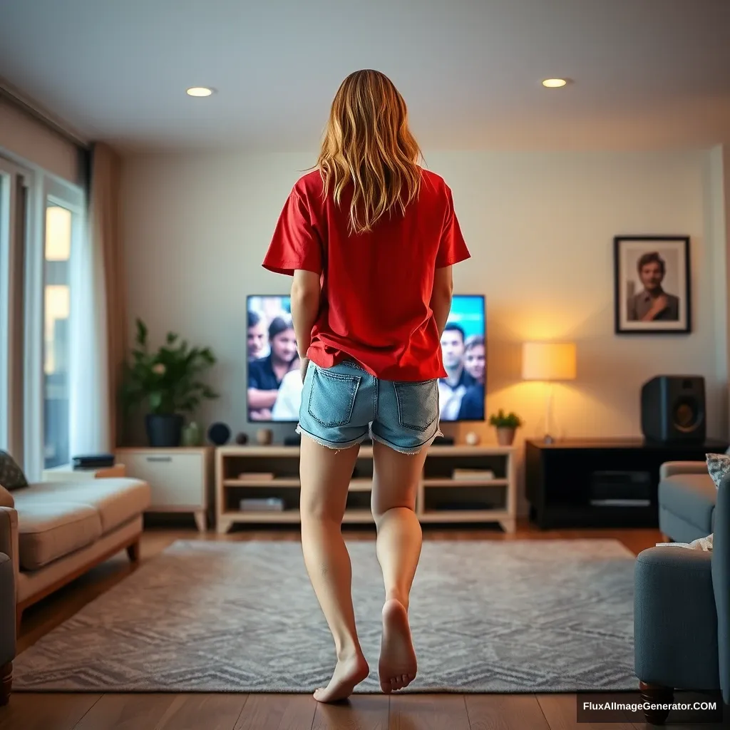 Back view of a young blonde skinny woman who is in her early twenties is in her massive living room wearing a massively oversized red polo t-shirt which is a bit off balance on one of the shoulders and the bottom part of her t-shirt is tucked in and she is also wearing light blue denim shorts and she is wearing no shoes or socks, she faces her TV with a shocked face and she dives into the magical TV head first.