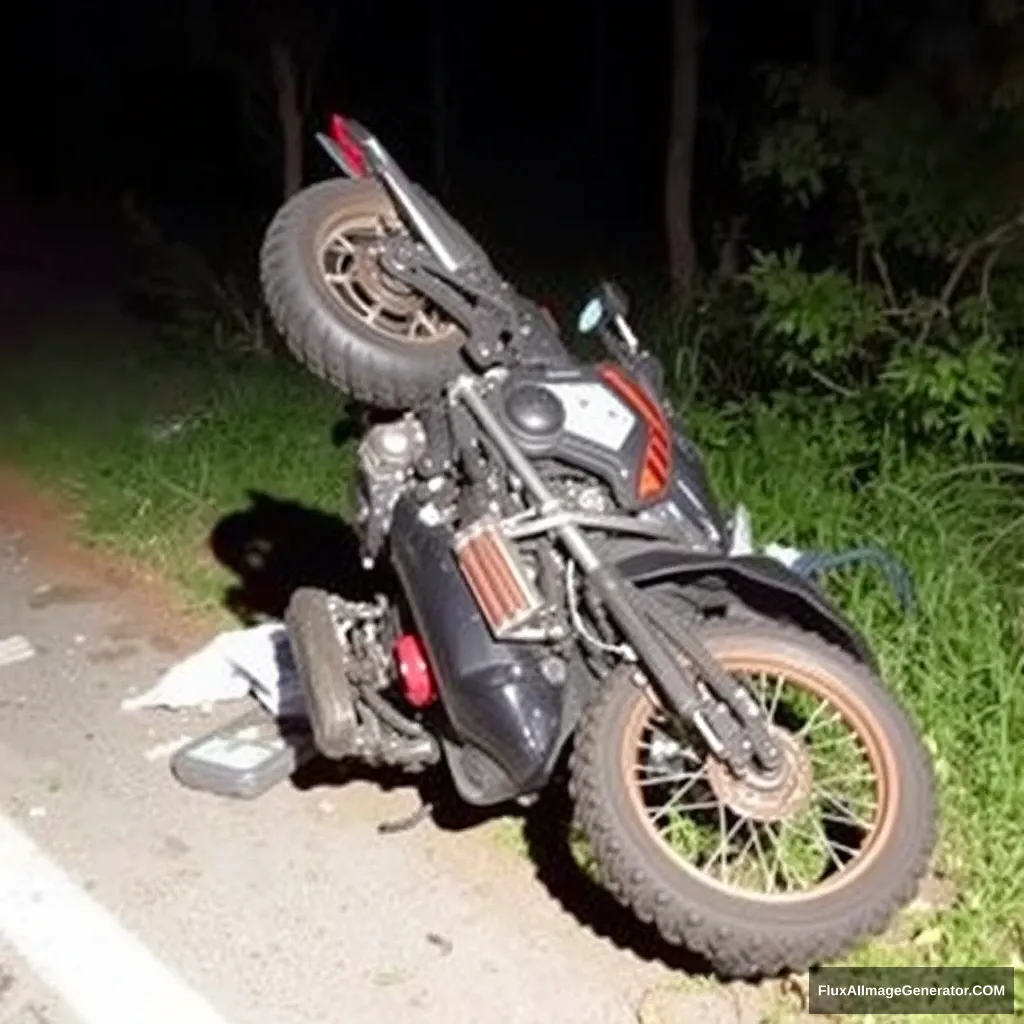 "A motorcycle overturned, and someone was injured." - Image