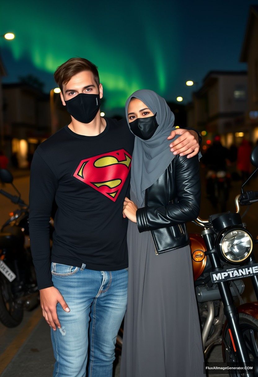 Jamie Dornan, tall, young, wearing a black face mask, a long-sleeve black Superman t-shirt, and jeans, 

dating a beautiful gray-hijab-wearing Muslim girl with lovely eyes, who is wearing a black face mask and a leather jacket, along with a very long and wide skirt, not a tall girl, 

lying on his shoulder, standing near motorcycles for photography, specifically a Suzuki Panther model, in a town, photorealistic street photography, night scenery, with the aurora borealis. - Image