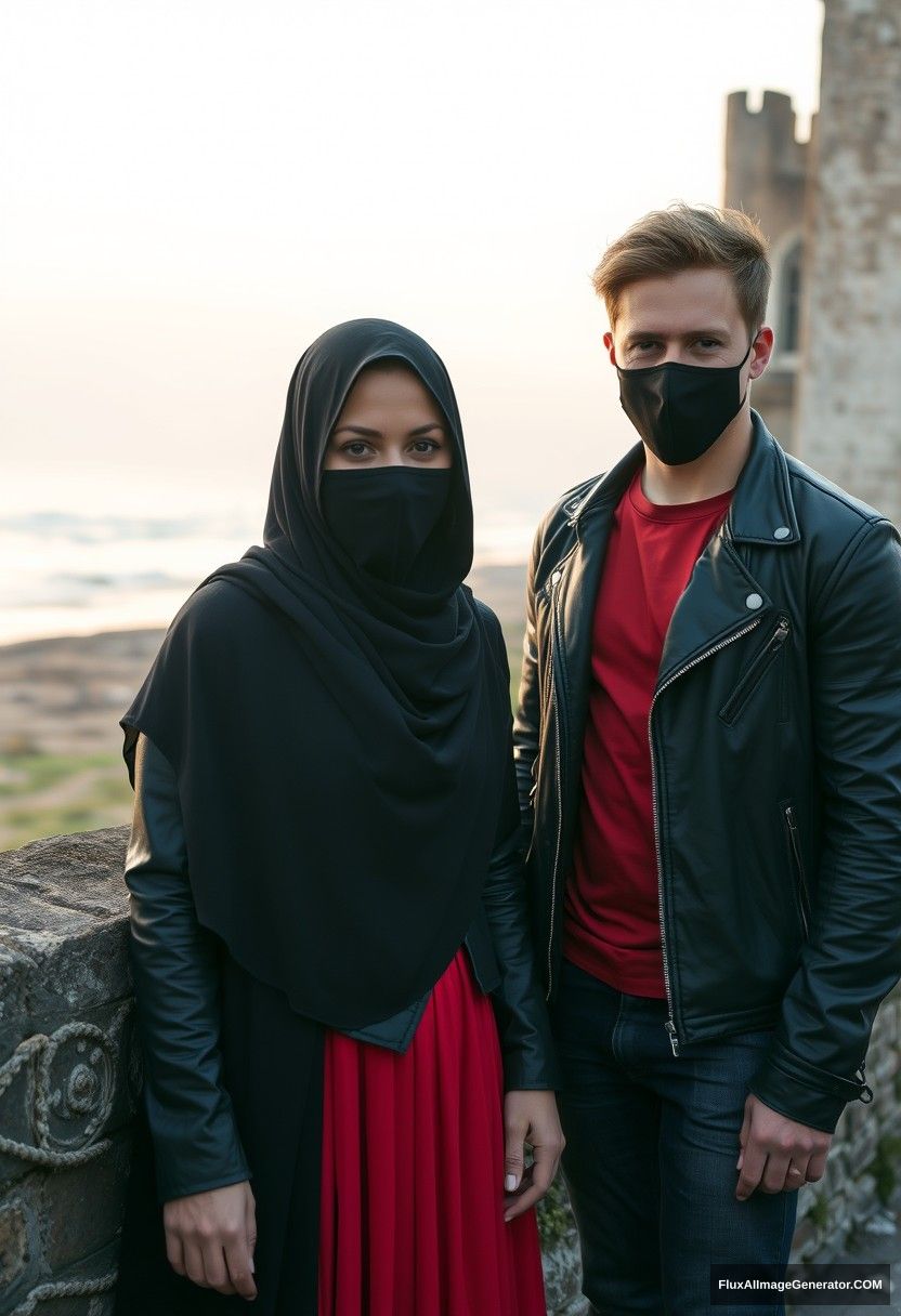 A largest black hijab girl, beautiful eyes, black face mask, black leather jacket, biggest and longest red dress, not tall,

Jamie Dornan, handsome, black face mask, fit and tough body, red metal t-shirt, black leather jacket, jeans, tall man,

standing together near a wall,
Hyper realistic, photorealistic, street photography, Victoria's abandoned castle, near the beach, sunrise.