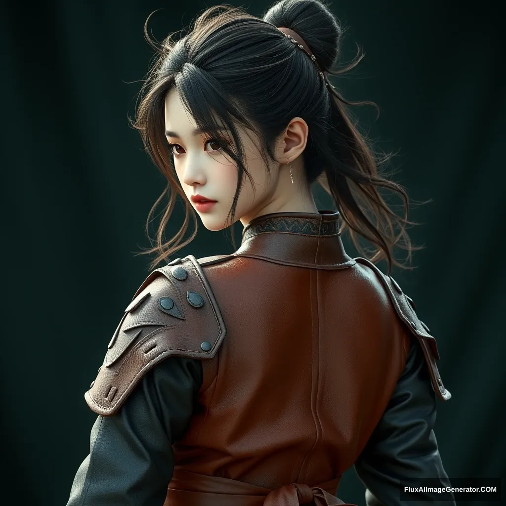 A gorgeous and elegant girl (like Tang Wei) is wearing leather armor (Korean traditional clothing style), with tousled hair and a hairpiece, the skirt hemline at the back, in a hyper-realistic photo, unreal engine.