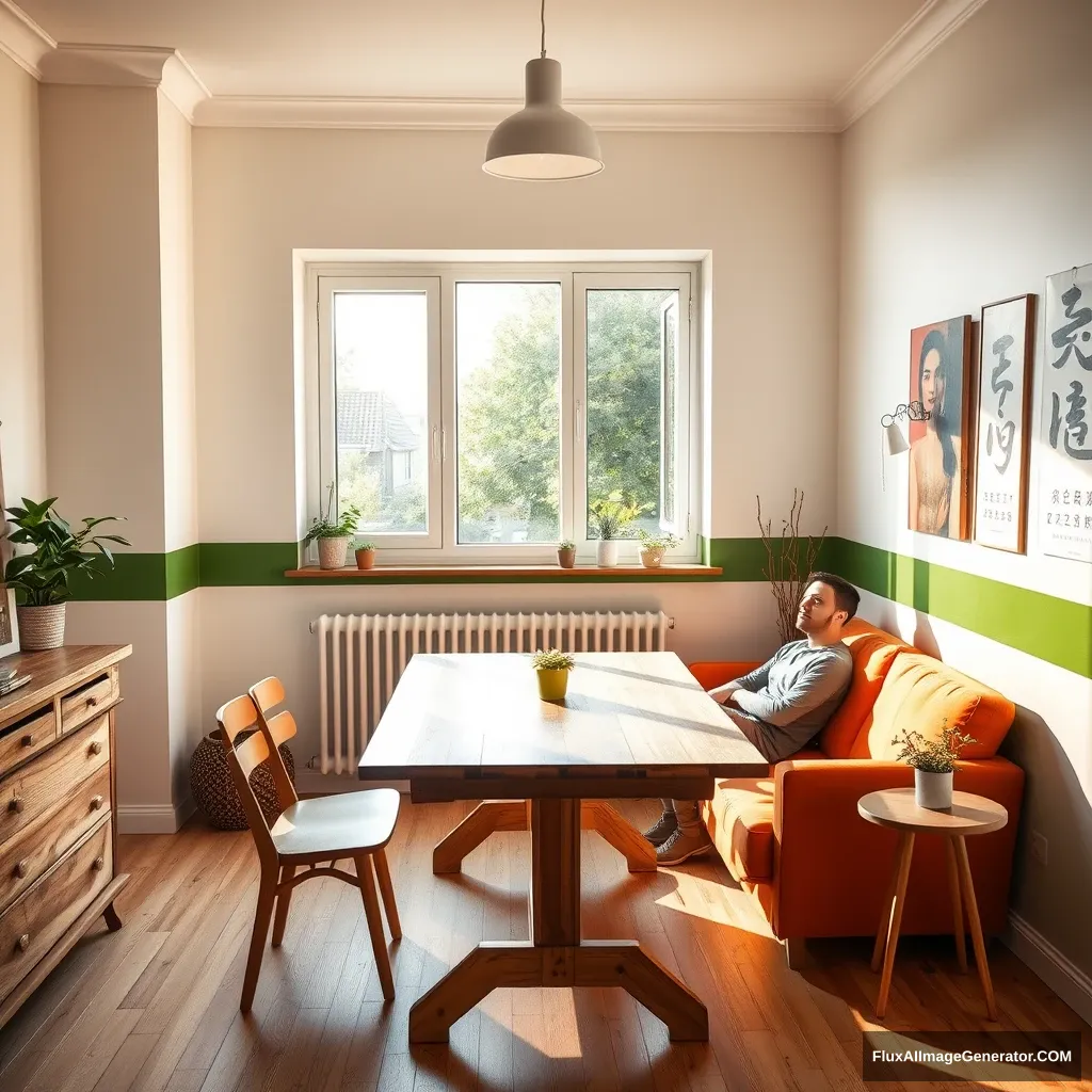 A cozy room, with one large window in the middle. It is sunny, but the light is not blinding. The room has a wooden dining table towards the window. The paint on the wall is both eggshell white and green, with a horizontal line dividing them, the green at the bottom. There is a sofa with a small side table, and some plants and light bulbs to make it cozy. The window is very big, 1.5x1.5 meters. The wood on the tables is the same, and the color of the sofa is a shade of orange. There is a dresser in the room too, against the wall. It holds art supplies, like for painting with watercolor. On the wall is a cool poster that has something to do with Korean, likely with something written in Hangul. There aren't many tables. There is a radiator under the full length of the window. There is a ceiling light. Imagine a Scandinavian young man, no beard, slim, sitting on the couch with his Samsung 22' cell phone.