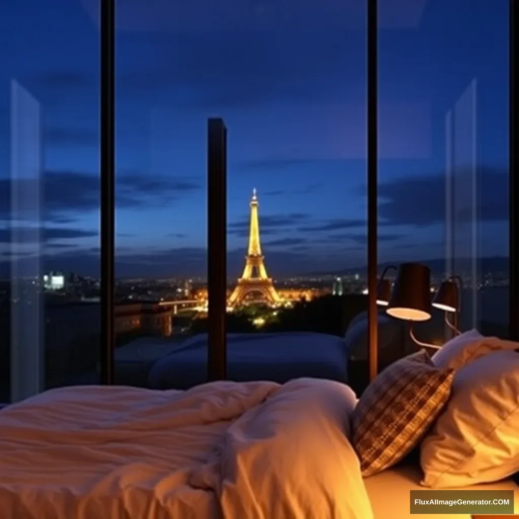 big glass window, bedroom scenery, midnight in France