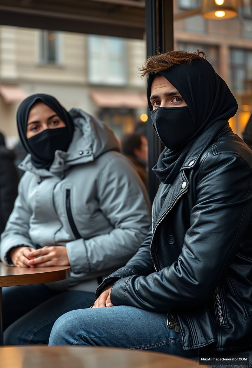 Jamie Dornan, handsome, young, wearing a black face mask, snow jacket, jeans, dating a beautiful Muslim girl in a black hijab with beautiful eyes; wearing a black face mask and black leather jacket, sitting in a café near a glass window in town, gloomy, photorealistic, street photography.