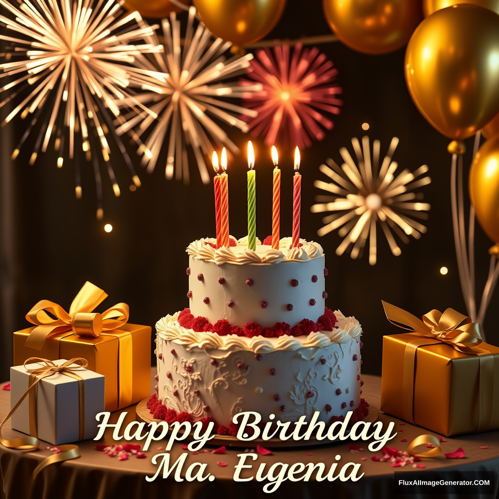 A 2-tiered birthday cake, 5 candles, gifts decorate the table, golden balloons float, and fireworks accompany them in the background. A beautiful phrase reads "Happy Birthday Ma. Eugenia".