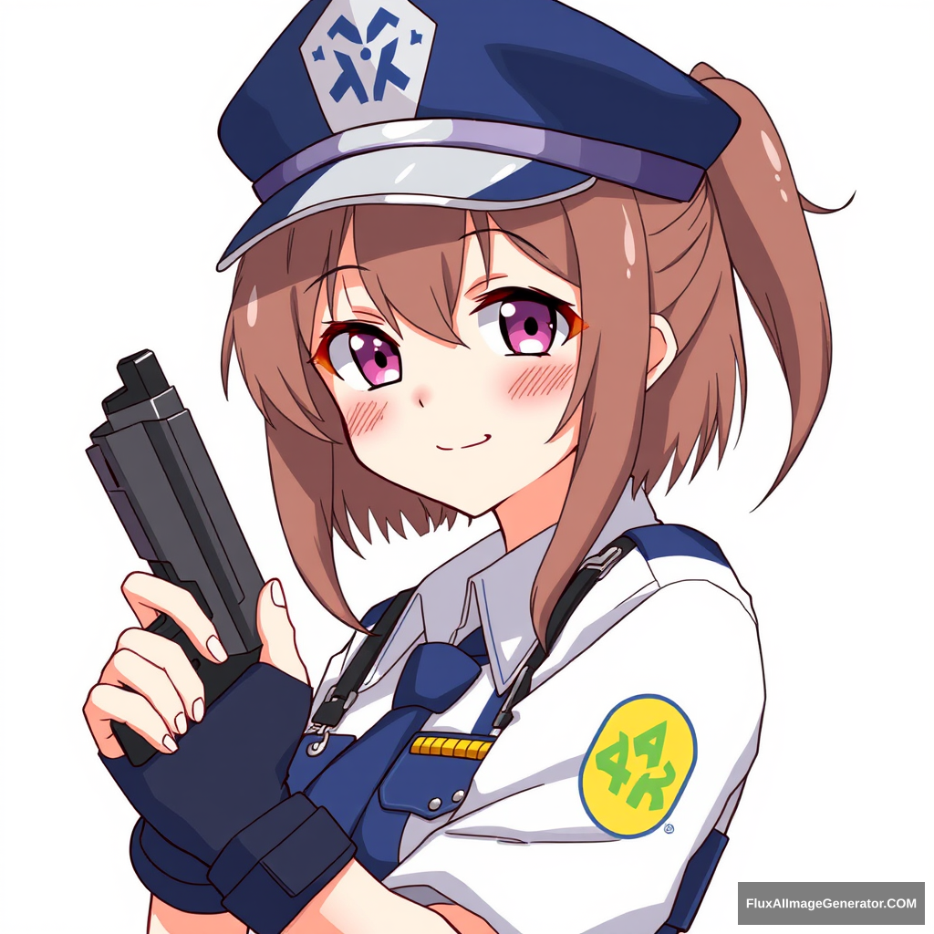 Neco Arc smiles and looks straight, she is dressed in a police uniform and has a gun in her hands.