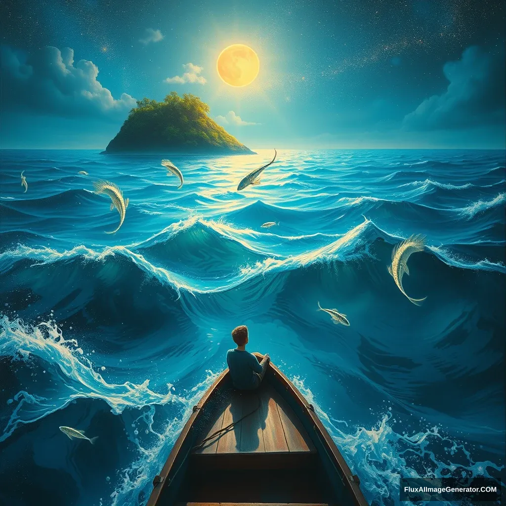 In "Life of Pi," the vast sea is the main scene. The waves rise and fall, and the sunlight spills on the sea, creating a sparkling effect. The mysterious island looms in the distance, with lush vegetation and full of unknowns. Glowing marine creatures swim around, some like twinkling stars and some like gorgeous ribbons. At night, the sky is full of stars, contrasting with the fluorescence on the sea surface. Young Pi sits alone on the lifeboat, surrounded by the endless blue, yet full of wonders and mysteries. Ultra-detailed, high-quality image, hyper-realistic, sharp focus, professional majestic oil painting, trending on ArtStation, trending on CGSociety, Intricate, High Detail, dramatic, photorealistic painting art by midjourney and greg rutkowski.