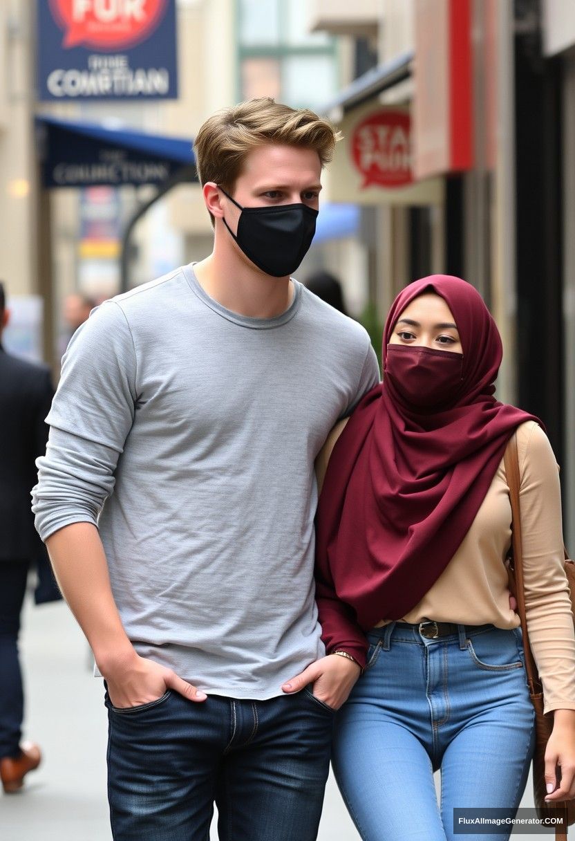 Jamie Dornan, black face mask, dating, love, walking in town with a girl in a big maroon hijab, slim girl.