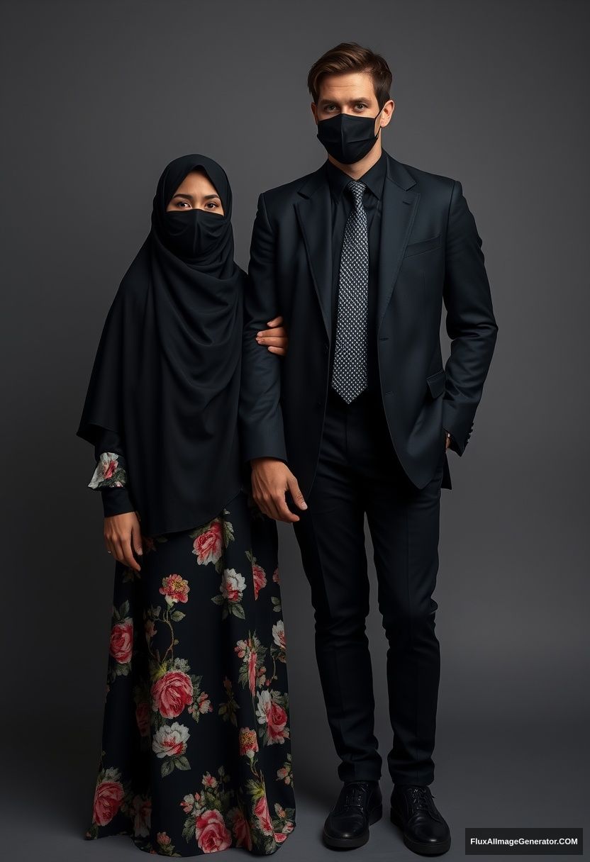 A biggest black hijab girl, beautiful eyes, face mask black, biggest floral longest dress, not tall, standing, holding his arm

Jamie Dornan, youngest, black suit coat, white shirt, grey patterned tie, black leather sneakers, tall man, face mask black, fit tough body, standing near her,

hyper-realistic, studio photography.