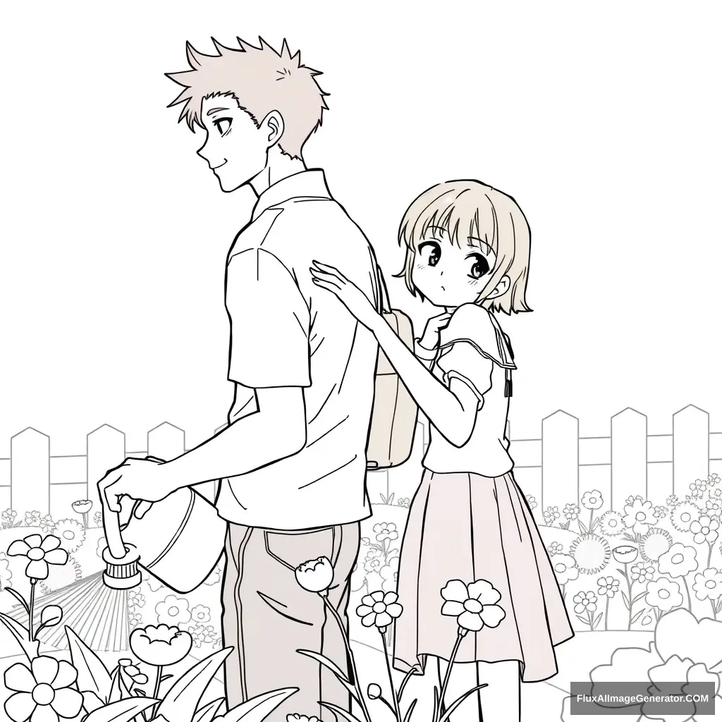 Anime line art, a handsome tall boy watering the flowers and looking back while a girl standing behind him puts both hands on his shoulders; she tilts her head and looks curious. - Image