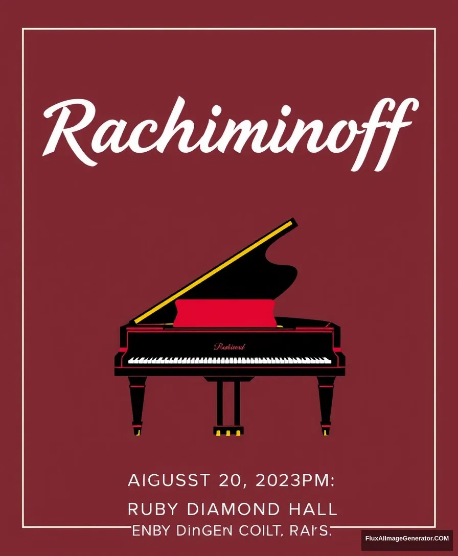 Title: “Rachmaninoff” displayed at the top center

Include the following text on the bottom of the poster:
“August 20, 2024”  
“7:00 PM”  
“Ruby Diamond Hall”  

Visual Elements: A grand piano centered at the bottom with minimal style, using vigorous colors.