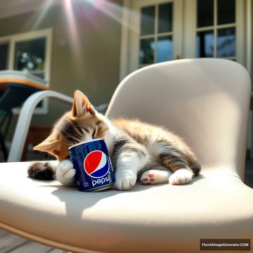 A little cat is sleeping on a chair in front of the house, with sunlight shining down from the upper left, holding a Pepsi in its paw.