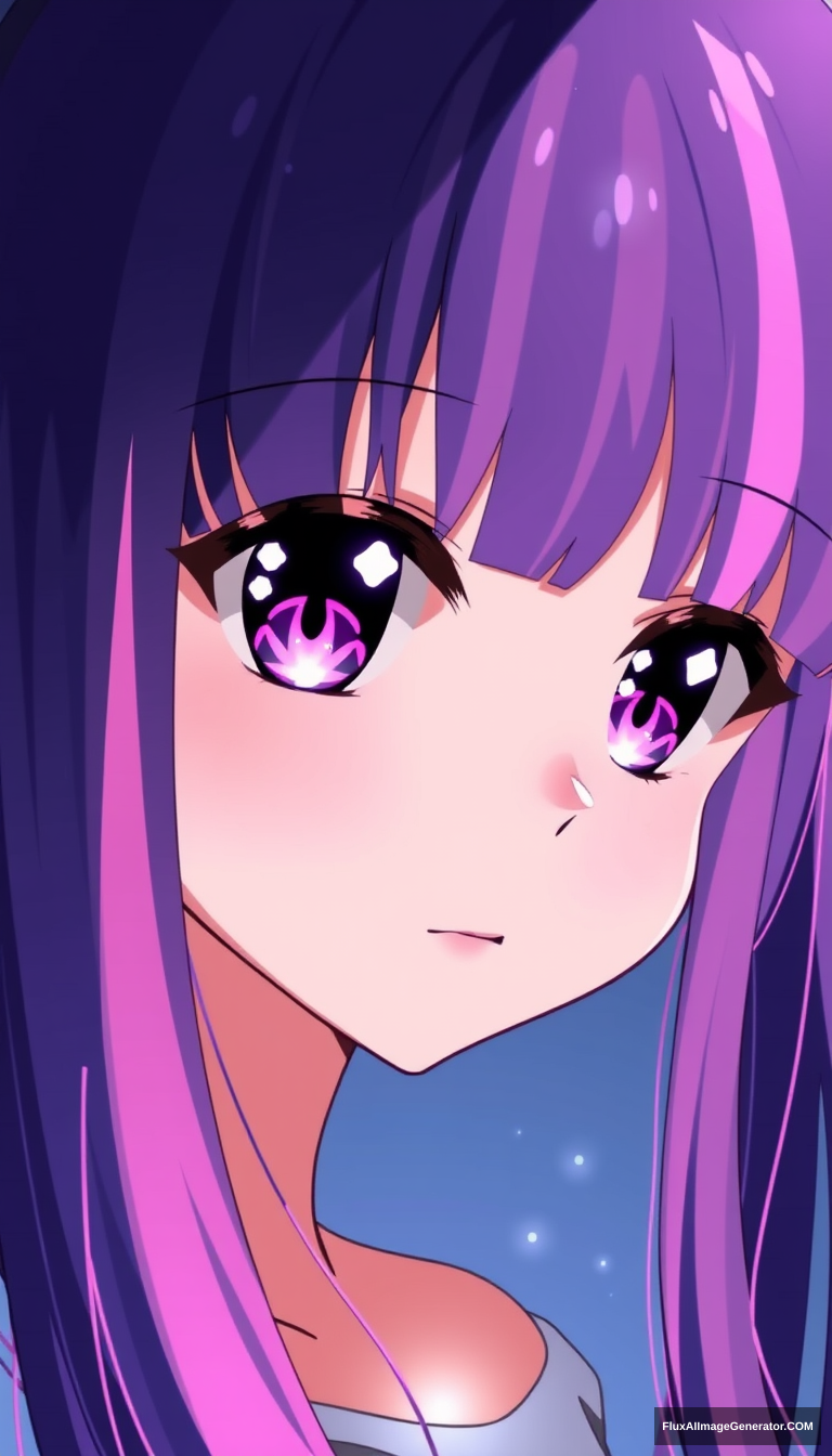 A beautiful young girl with dark purple and pink-colored eyes with shiny white six-star pupils. She has long indigo and purplish hair that reaches her waist, with bangs that have pink streaks in them. Anime art style. - Image