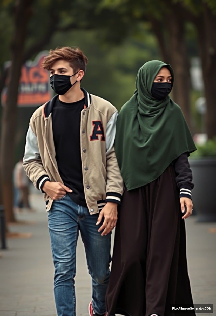 Jamie Dornan, young, black face mask, black T-shirt, collage jacket with a capital A, jeans, red sneakers, dating romantically with a beautiful Muslim girl wearing the biggest green army hijab, beautiful eyes, black face mask, college jacket, the biggest longest skirt, sneakers, not a tall girl, photorealistic, realistic, street photography, full photography. - Image