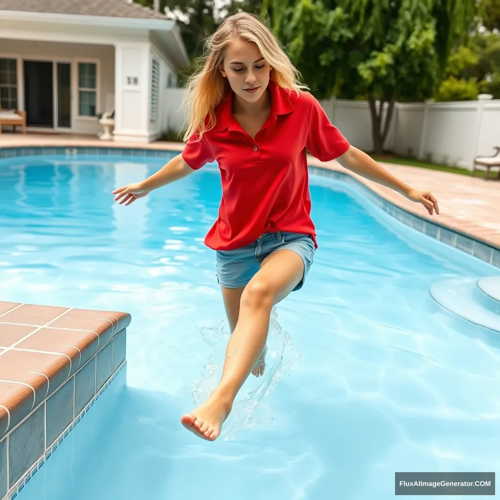 Front view of a young blonde skinny woman with a nice tan, in her early twenties, in her large backyard, wearing an extremely oversized red polo shirt that's slightly askew on one shoulder, with the bottom part untucked. She's also wearing M-sized light blue denim shorts and has no shoes or socks on. She dives into her pool with her legs straightened out, going halfway underwater and making a big splash.