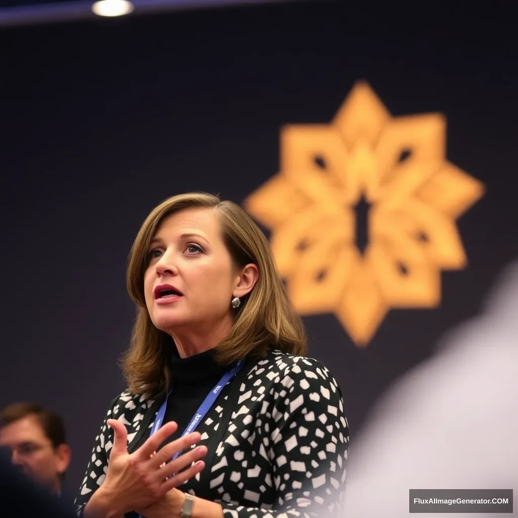 Woman speaking at conference, blurred logo in background Canon 6D.