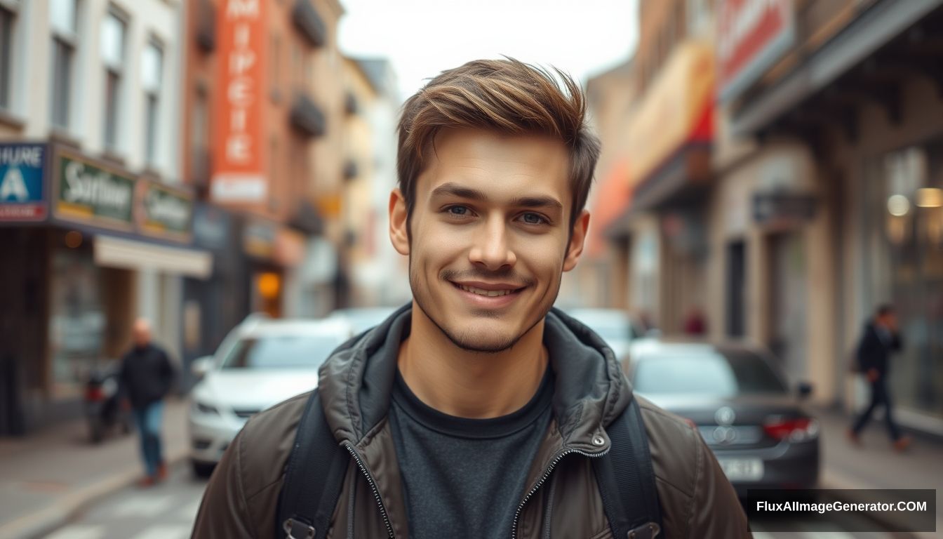 man (25y.o) posing on street, in the style of social media portraiture, anglocore, smilecore, emotive faces, object portraiture specialist, ARRIFLEX 35 BL Camera, Canon K35 Prime Lenses, LinkedIn profile photo --style raw.