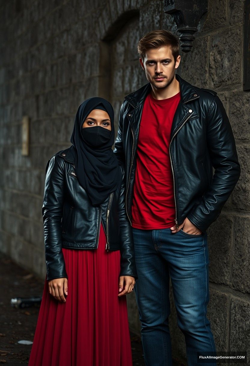 A biggest black hijab girl, beautiful eyes, face mask black, black leather jacket, biggest red longest dress, not tall,

Jamie Dornan, handsome, face mask black, fit and tough body, metal red t-shirt, black leather jacket, jeans, tall man,

standing near wall together,
Hyper realistic, photorealistic, street photography, Victoria's abandoned castle, gloomy, darkness.