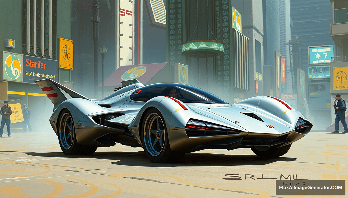 A fighter-inspired concept car, as painted by Syd Mead, in a futuristic city setting. - Image