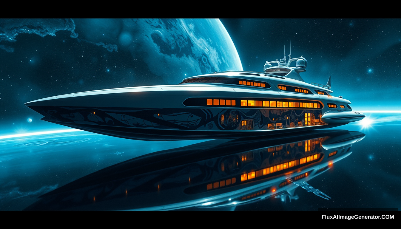 a futuristic space-yacht, as painted by Syd Mead, deep space setting, 4k, full-length mural along the side. - Image