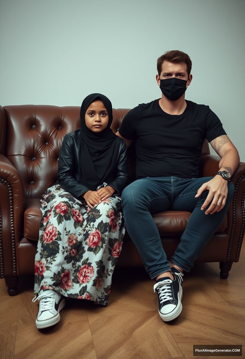 A black hijab burqa girl, short girl, beautiful eyes, black leather jacket, biggest floral long dress, black leather sneakers, sitting on a leather single wing sofa, Jamie Dornan, black T-shirt, jeans, black leather sneakers, tall man, black face mask, fit body, sitting near her, hyper-realistic, studio photography. - Image